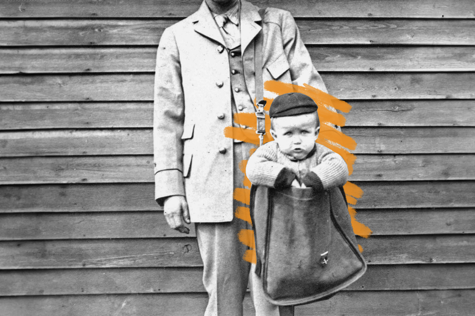 Letter carrier with child in mailbag